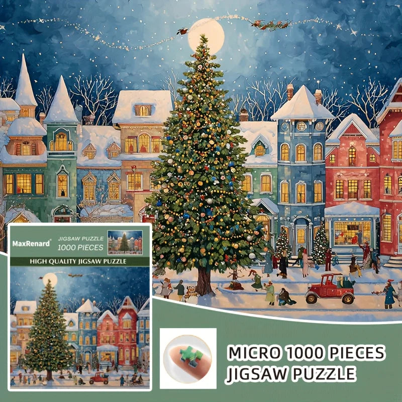 1000pcs Christmas Puzzle - Winter Street Scene with Giant Christmas Tree,15x10 Inch Family Activity Adult Hobbyists