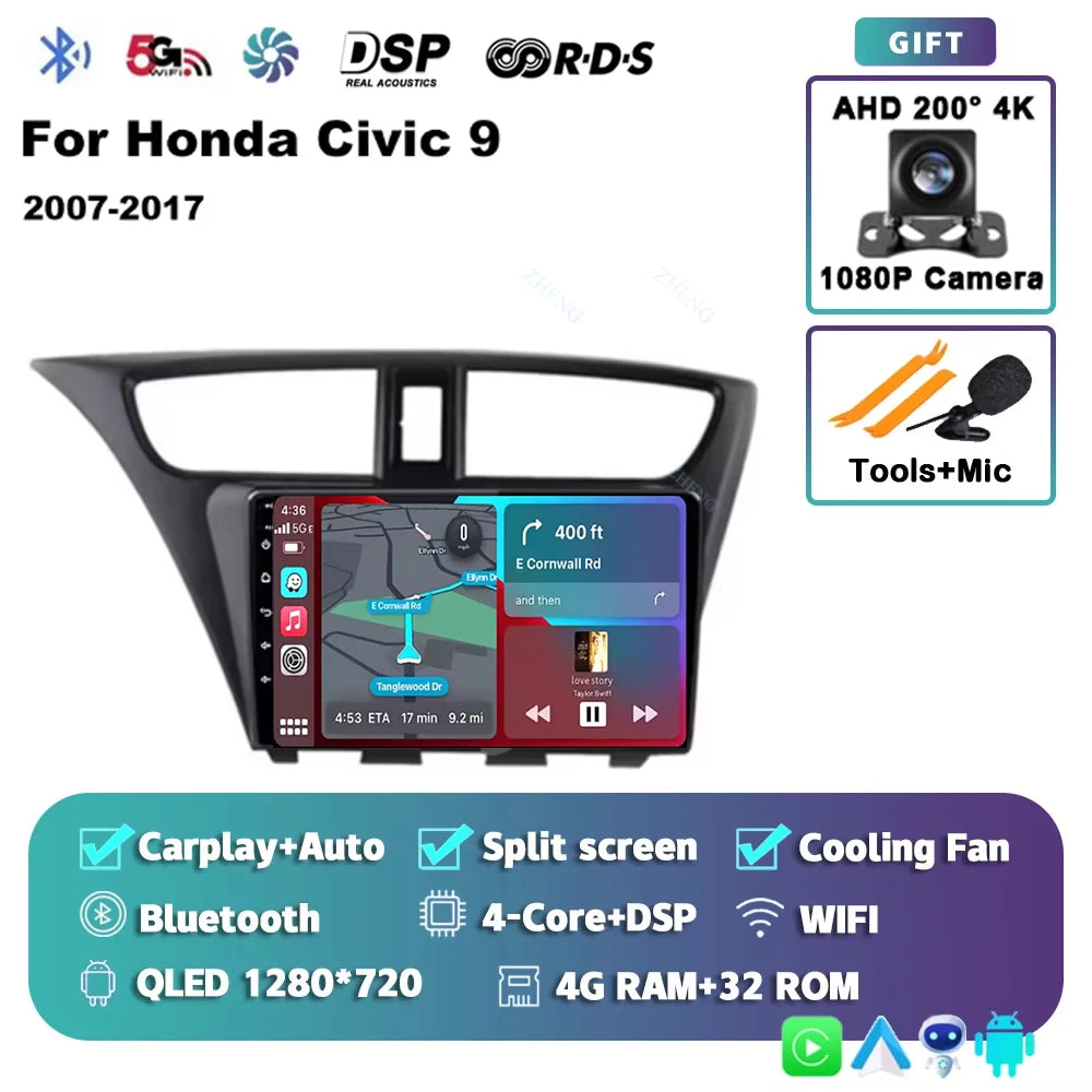 Carplay Android 14 Car Radio for Honda CIVIC 9 2011-2017 Qualcomm mulitmedia Video player Autoradio GSP Navigation Stereo screen