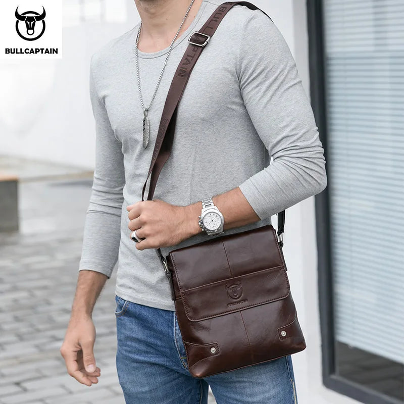 BULLCAPTAIN Men's Bag Leather Messenger Shoulder Bag Leather Messenger Handbag Men's Fashion Business Bag