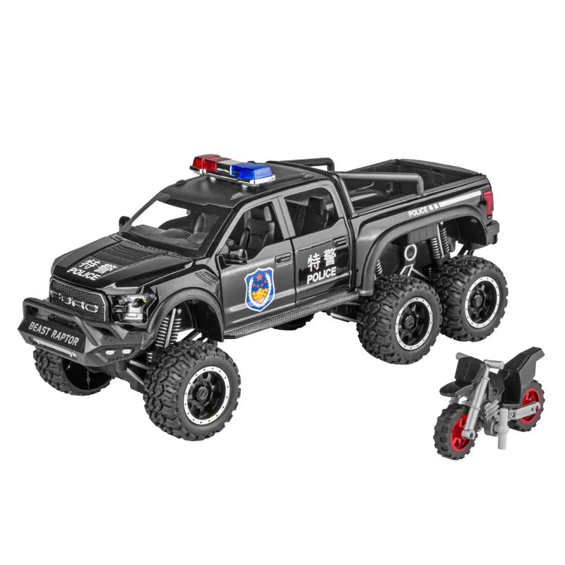 1/28 Raptor F150 Pickup Model Car Toys Diecast Alloy Off-road Police Cars 6 Doors Opened Sound Light Pull Back Toy For Kids Gift
