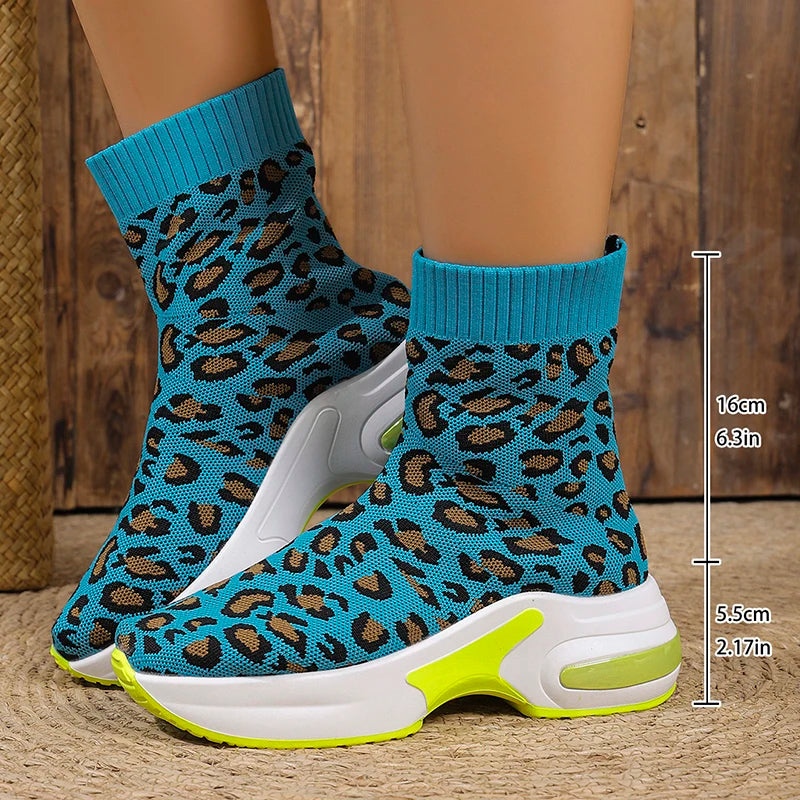 Fashion Leopard Print Platform Ankle Boots Women Comfy Slip On Breathable Knitted Boots Woman Plus Size 35-43 Wedges Short Boots