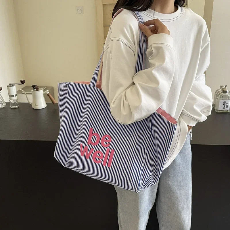 Casual Large Stripe Women's Shoulder Bag 2026 New Fashion Commuter Tote Bag High Capaci Canvas Handbag for Youth bolso mujer