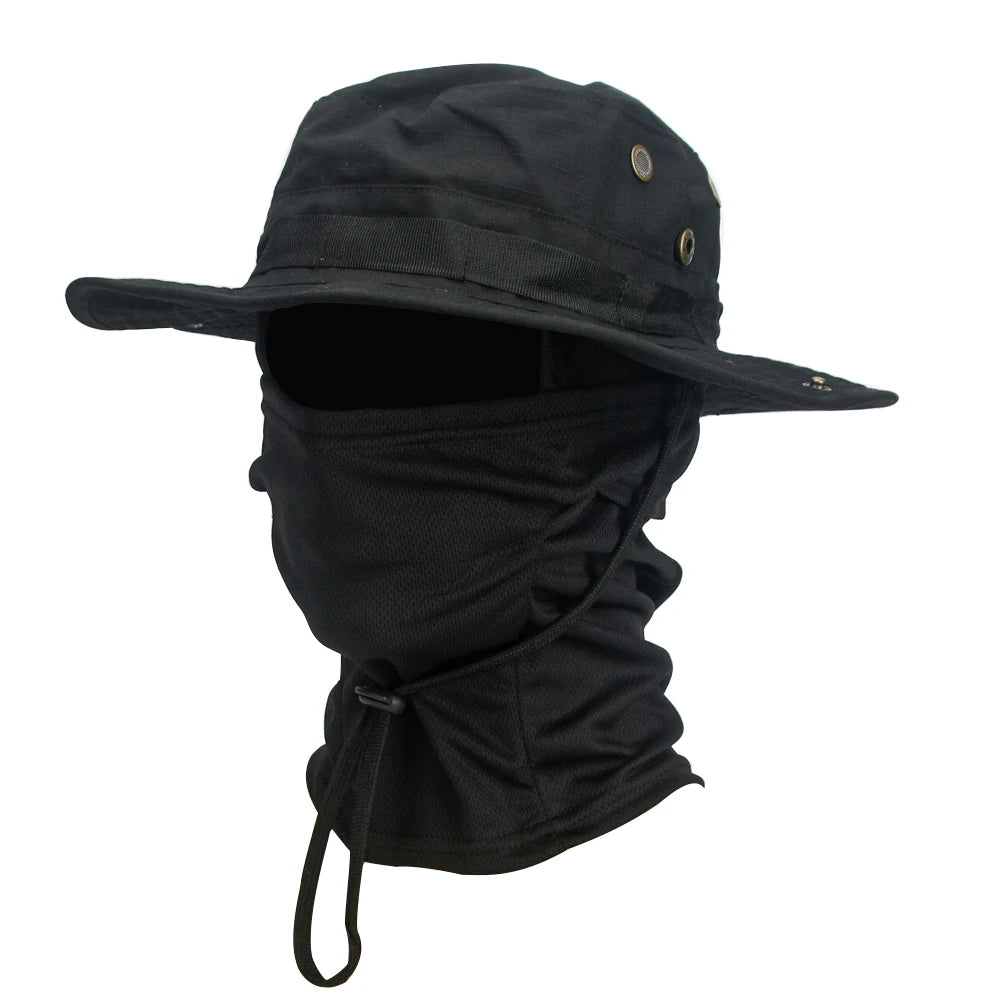 2Pcs Wide Brim Hat & Balaclava Set Men Outdoor Sun Boonie Cap Hiking Fishing Hat