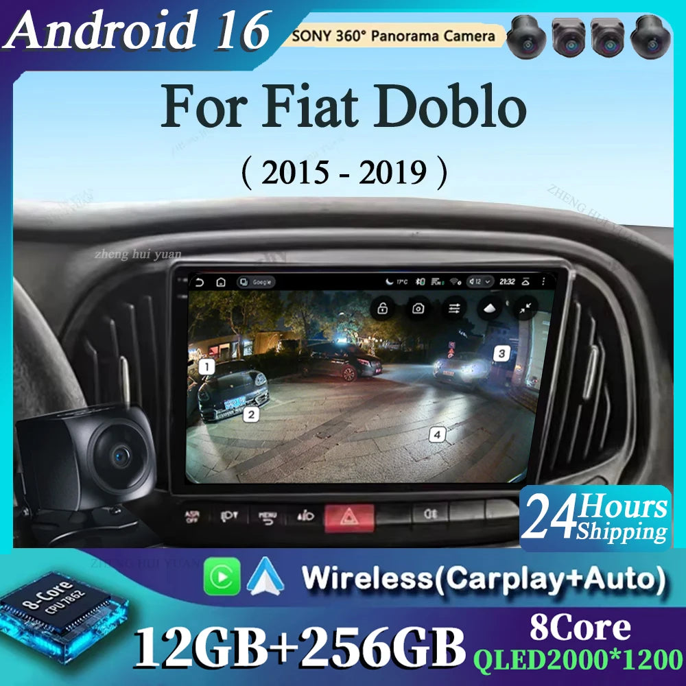 For Fiat Doblo 2015 - 2018 2019 2020 Android 16 GPS WIFI 4G Carplay&Auto Car Radio Navigation QLED Multimedia Stereo Player BT