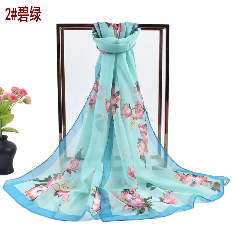 Summer New Fresh and Breathable Thin Natural Flower Printing Chiffon Women's Long Scarf Sunscreen Women's Scarf