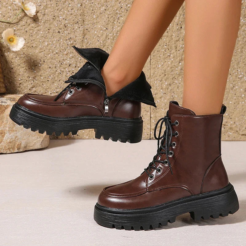Women's Pu Leather Platform Ankle Boots Plus Size 35-42 Lace Up Motorcycle Boots Women Comfort Wide Leg Black Short Booties