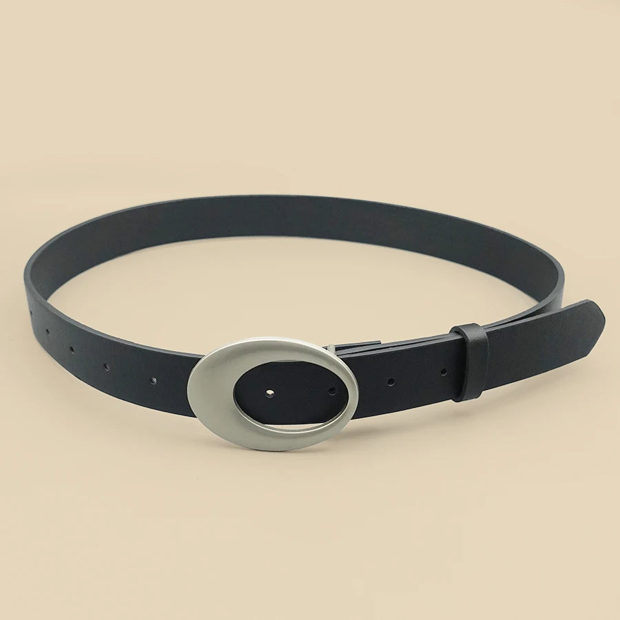 Black Casual Women's Belt, Oval Hollow Matte Buckle, Retro Pu Leather Fashionable Belt, Dress, Jeans, Shirt Accessories