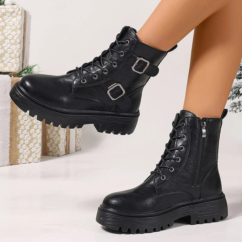Fashion Buckle Black Motorcycle Boots Women Pu Leather Platform Ankle Boots Woman Plus Size 35-42 Thick Sole Lace Up Shoes Mujer