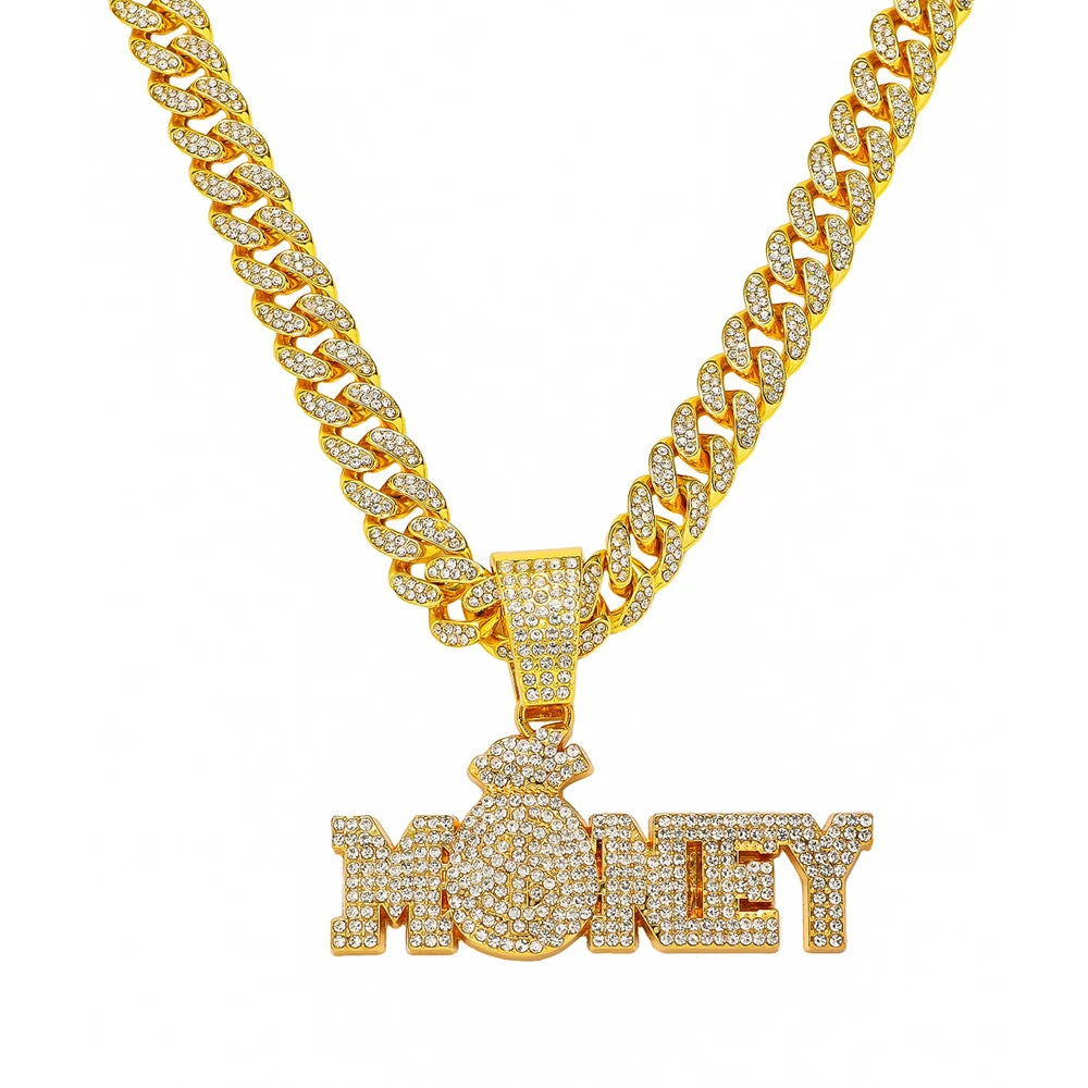 New Iced Out Bling Rhinestone Letters Money Pendant Necklaces,With Cuban Chain Money Bag Dollar Sign Men's Women Hip Hop Jewelry