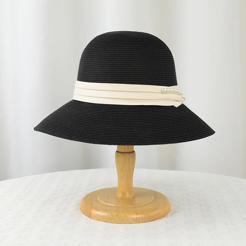 6178-New summer women's sun-protective hat - trendy pearl straw hat for beachandvacation-large-brimmed sun hatforoutdooractivies
