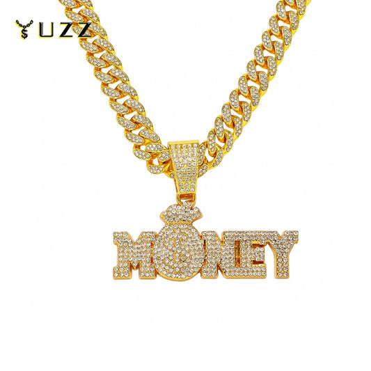 New Iced Out Bling Rhinestone Letters Money Pendant Necklaces,With Cuban Chain Money Bag Dollar Sign Men's Women Hip Hop Jewelry