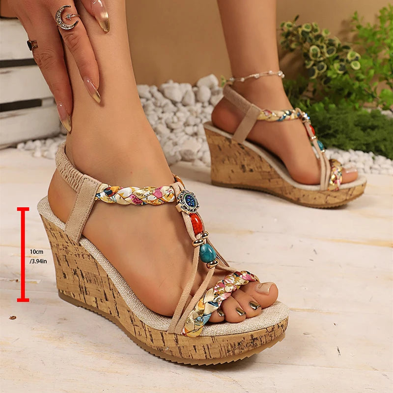 Plus Size 43 Chunky Wedges Bohemian Sandals Women 2026 Summer Beads Non Slip Platform Sandles Woman Elastic Band Rome Sandalias
