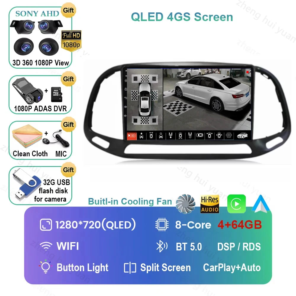 For Fiat Doblo 2015 - 2018 2019 2020 Android 16 GPS WIFI 4G Carplay&Auto Car Radio Navigation QLED Multimedia Stereo Player BT