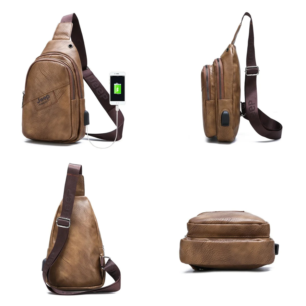 JEEP BULUO Men's Leather Chest Bag Sling Crossbody Shoulder Travel Outdoors