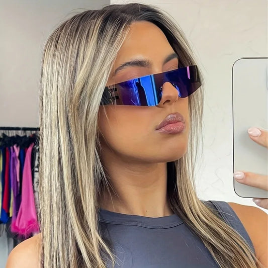 2pcs of Frameless Wrap-Around Glasses for Women Punk Style, Futuristic Tint Y2K Flat Top Iridescent Fashion Glasses for Men