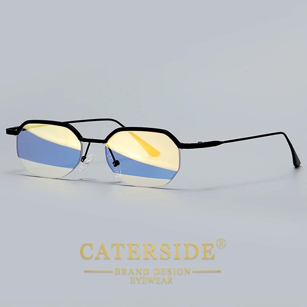 CATERSIDE Retro Polygon Sunglasses Men Metal Semi Rimless Sun Glasses Uv400 Women Outdoor Protection Driving Decorative Eyewear