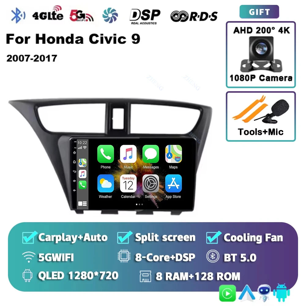 Carplay Android 14 Car Radio for Honda CIVIC 9 2011-2017 Qualcomm mulitmedia Video player Autoradio GSP Navigation Stereo screen