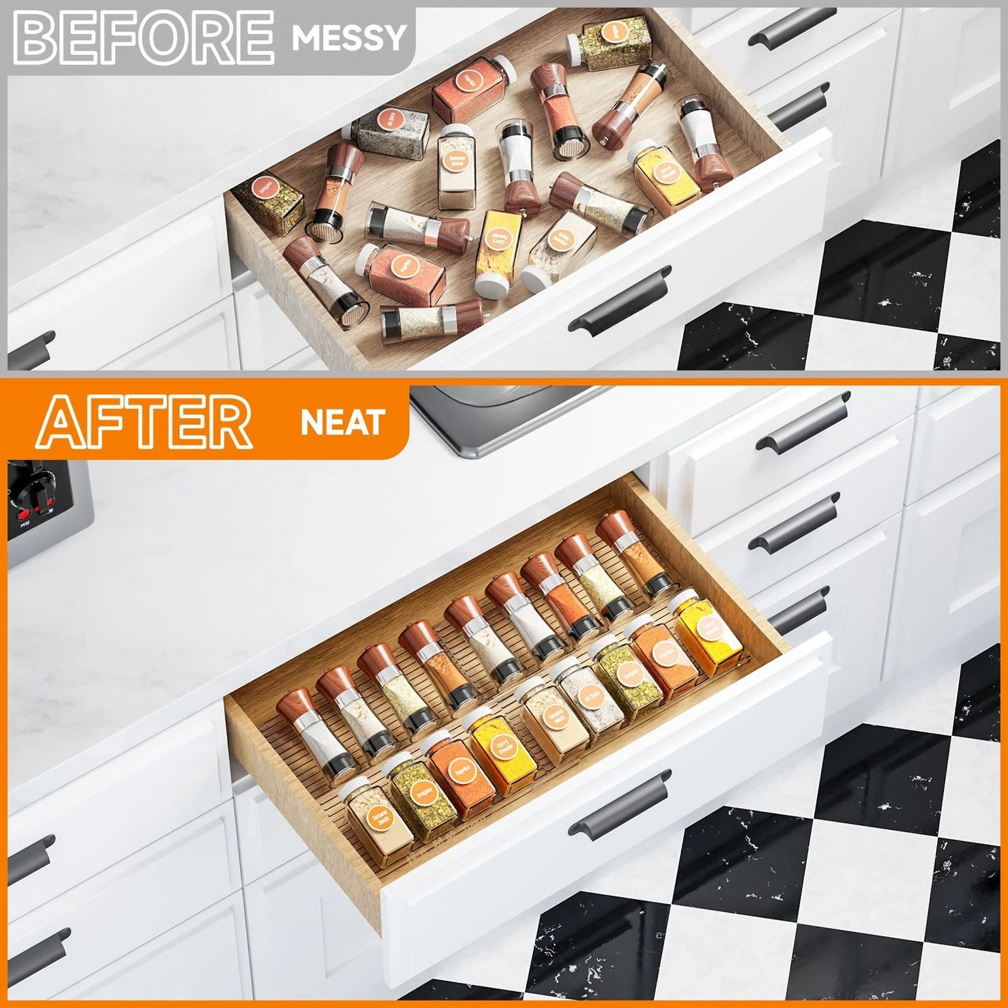 2pcs Expandable Spice Drawer Organizer, Plastic Kitchen Storage - Durable Space-Saving Organizer for Cabinets, Countertops