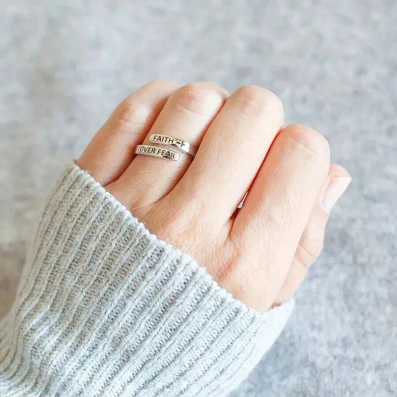 Religious Silver Color Cross Faith Over Fear Ring Adjust Wrap Ring Women Jewelry