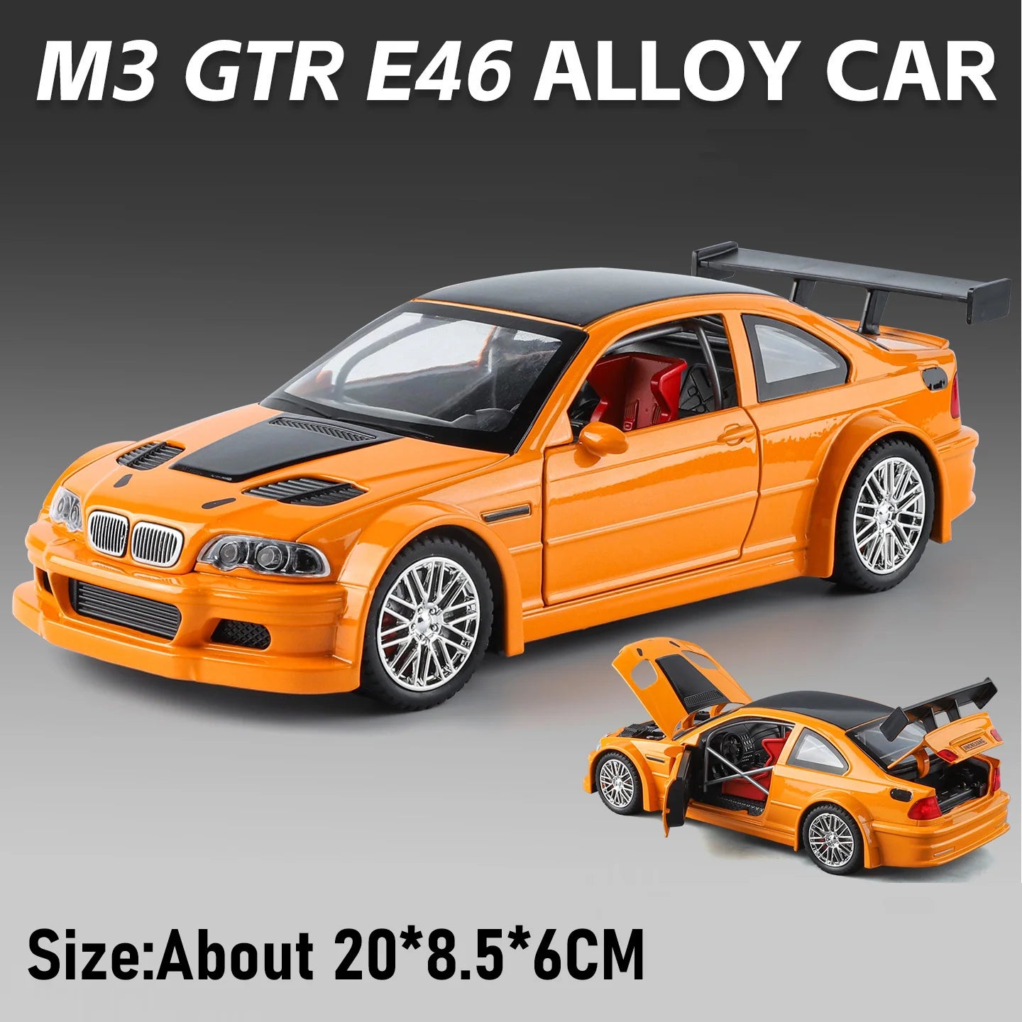 1:24 M3 GTR E46 R34 Model Diecast Alloy Sportscar Toys Sound Light Pull Back Front Wheel Steering Vehcie Children's Holiday Gift