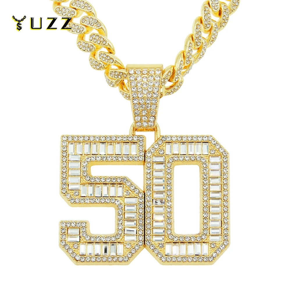 Men Women Hip Hop Number 50 Pendant Necklaces With 13mm Full Crystal Shiny Miami Cuban Chain Choker Fashion Charm Rapper Jewelry