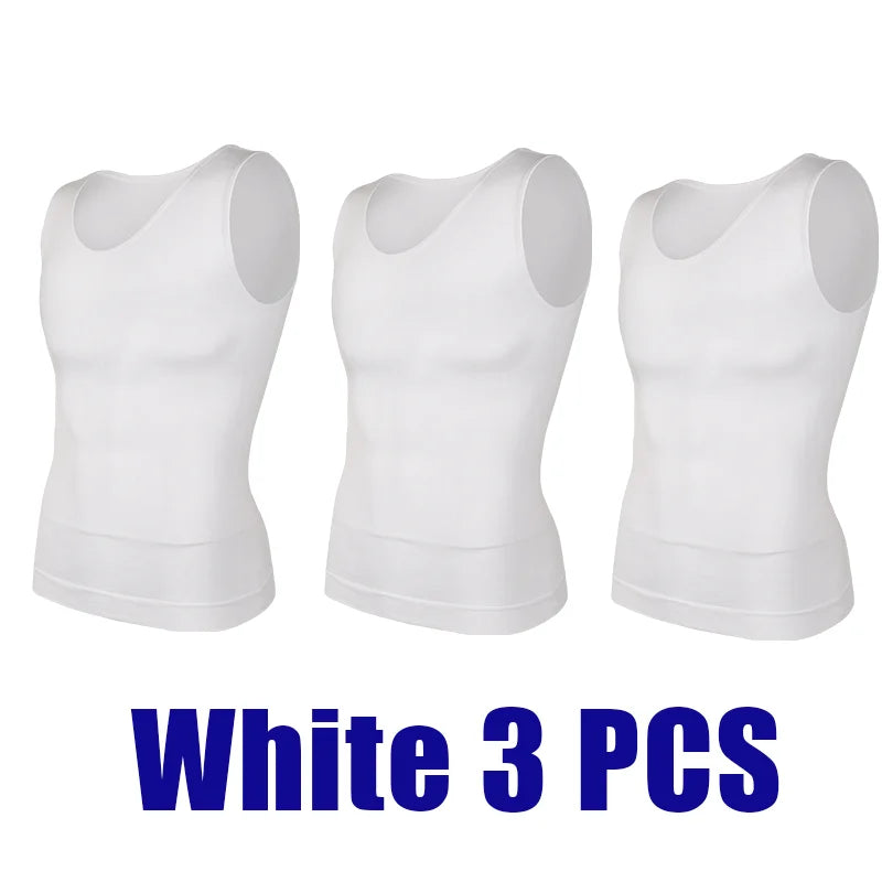 3PCs White Men Compression Shirt Tummy Control Slim Vest Waist Trainer Workout