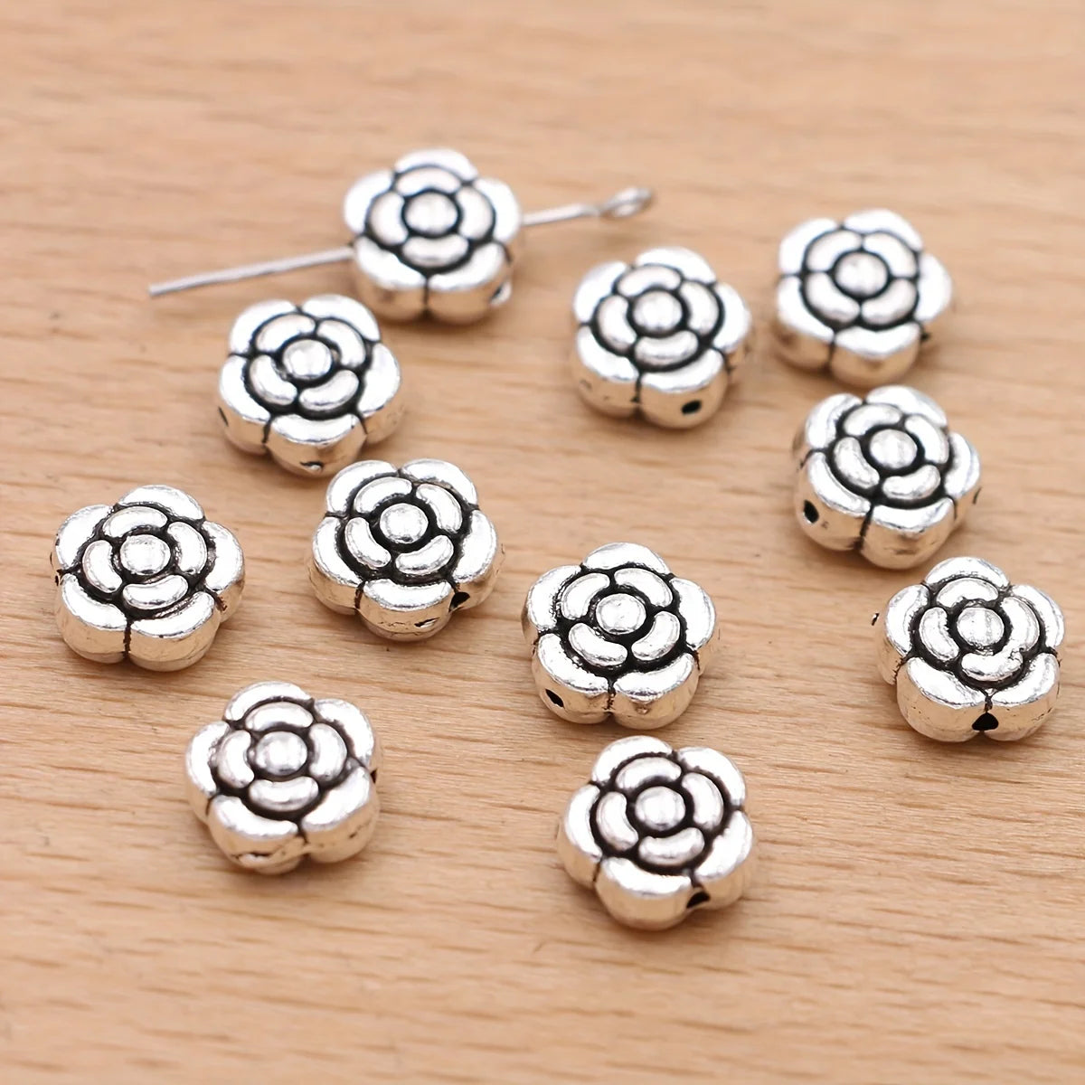 20Pcs Antique Silver Plated Rose Flower Loose Spacer Beads for Bracelet Necklace Jewelry Making Accessories DIY