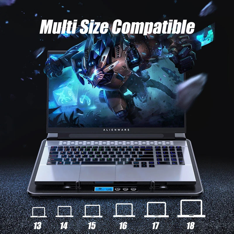 RGB Laptop Cooler 2 USB, 6 Fan Gaming Led Light Notebook Cooler 13-18 In Stand