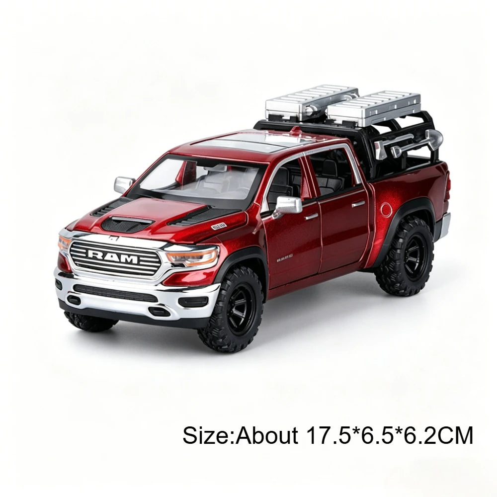 1:32 RAM Pickup Mammoth Off Road Vehicle Diecast Model Toy Alloy Car Sound Light Pull Back Doors Opened Models for Children Gift