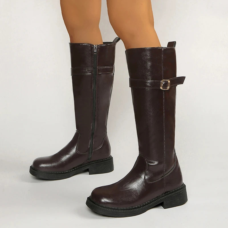 Fashion Buckle Platform Knee High Boots Women Side Zipper Pu Leather Long Boots Woman Wide Toe Thick Sole Riding Botas Mujer