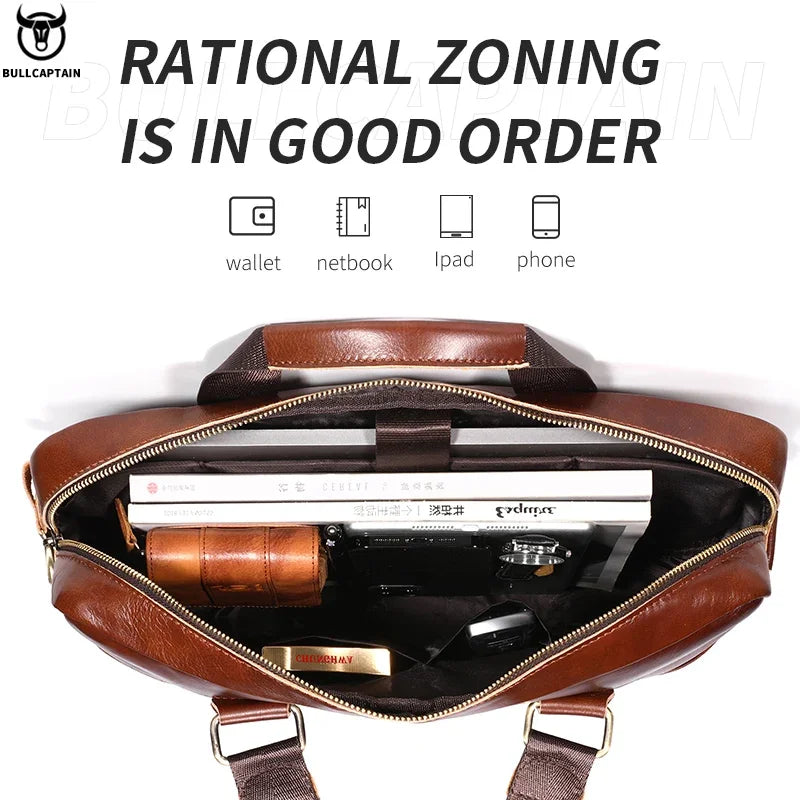 BULLCAPTAIN Briefcase Shoulder Bag Men's Genuine Leather 14 Inch Laptop Handbag Office Business Men's Fashion Simple Briefcase