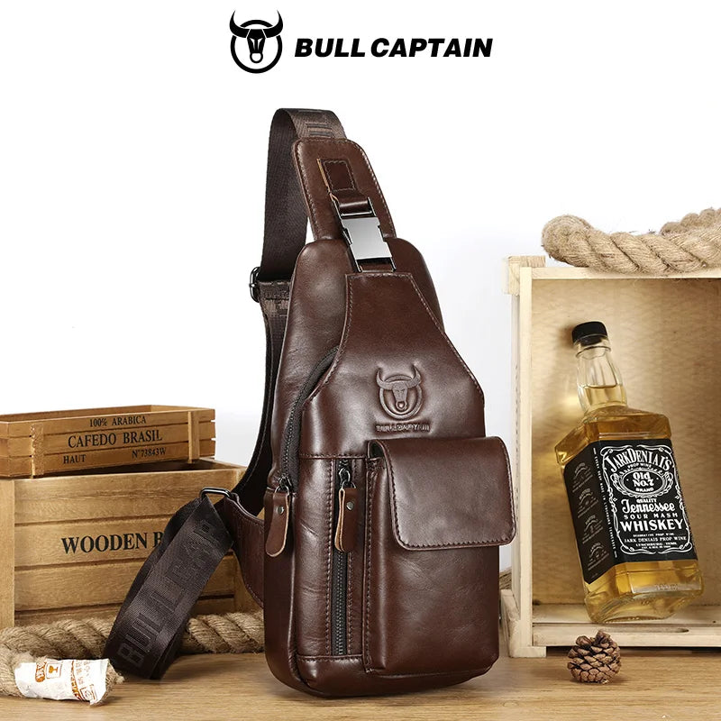 BULLCAPTAIN Men's Leather Breast Bag Fashion Casual Multifunctional Off-Road Crossbody Bag Business Tablet Mobile Leather Bag