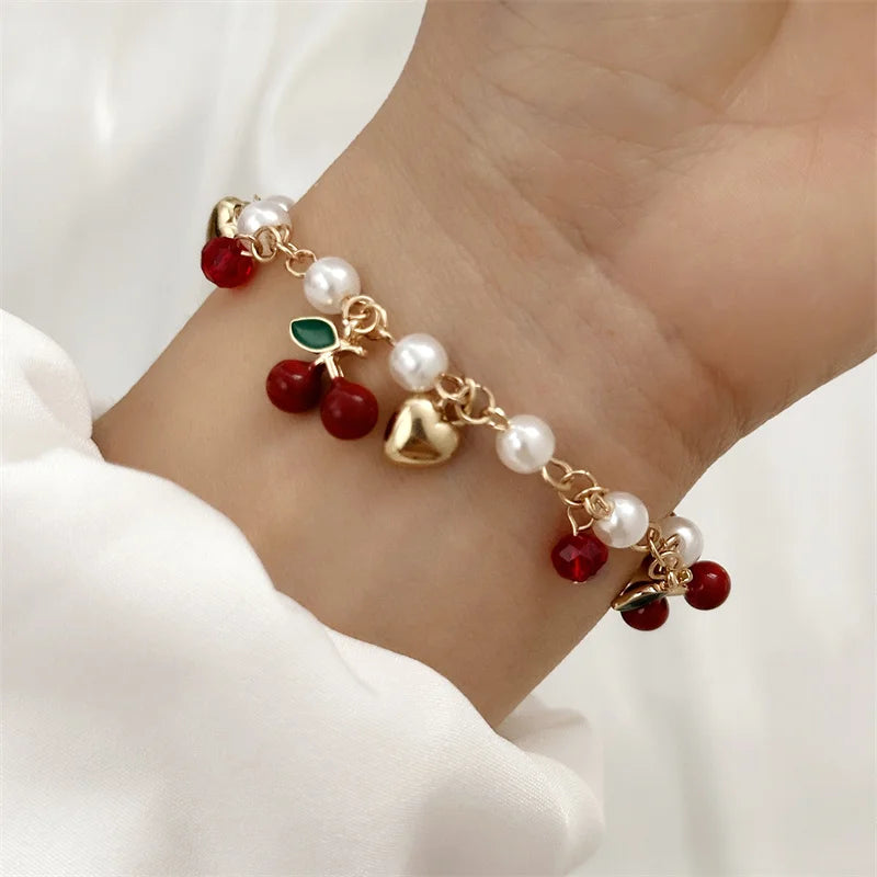 Y2K Sweet Cute Red Strawberry Cherry Pendant Necklace for Women Girls Love Heart Imitation Pearl Chain Choker Fashion Jewelry
