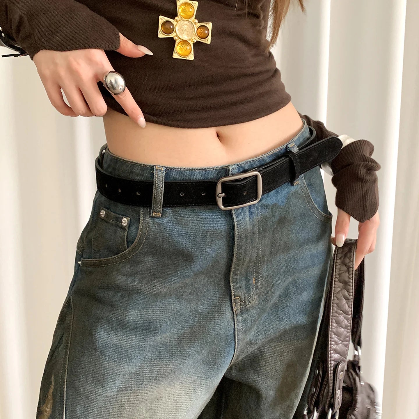 Korean Version Of Retro Velvet Brown Belt For Women A Small Number Of Skirts And Jeans Belts With A High-End Feel