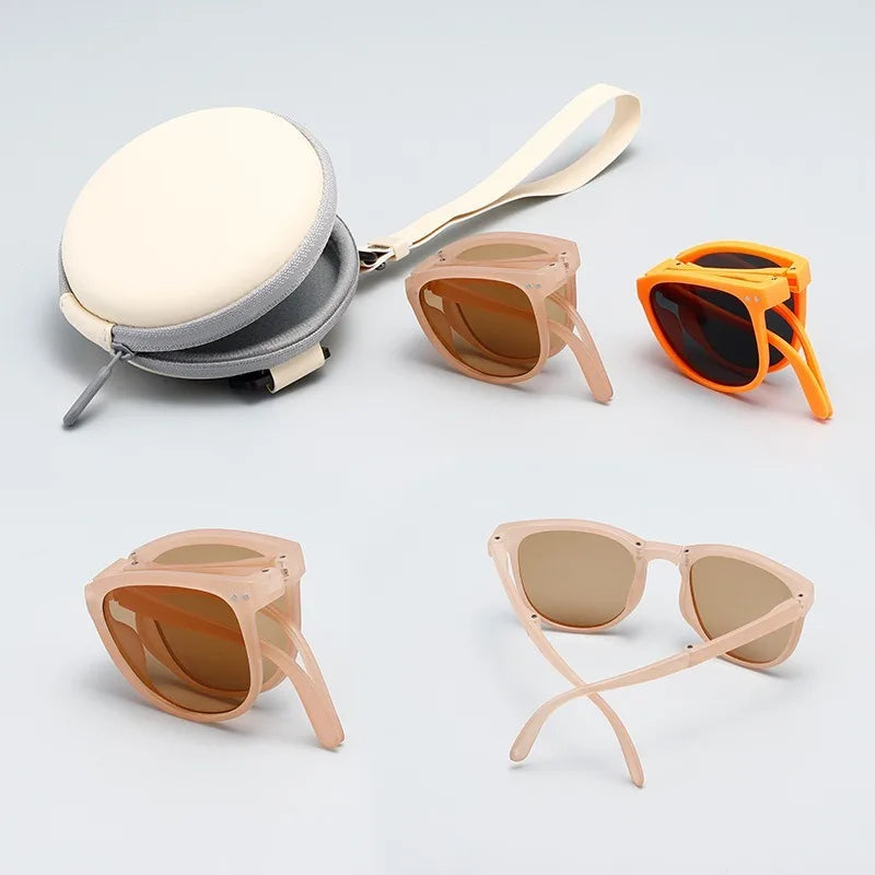 Korean Children Round Foldable Sunglasses  Fashion Sun Glasses Cute Boys Girls Colorful Shades with Case
