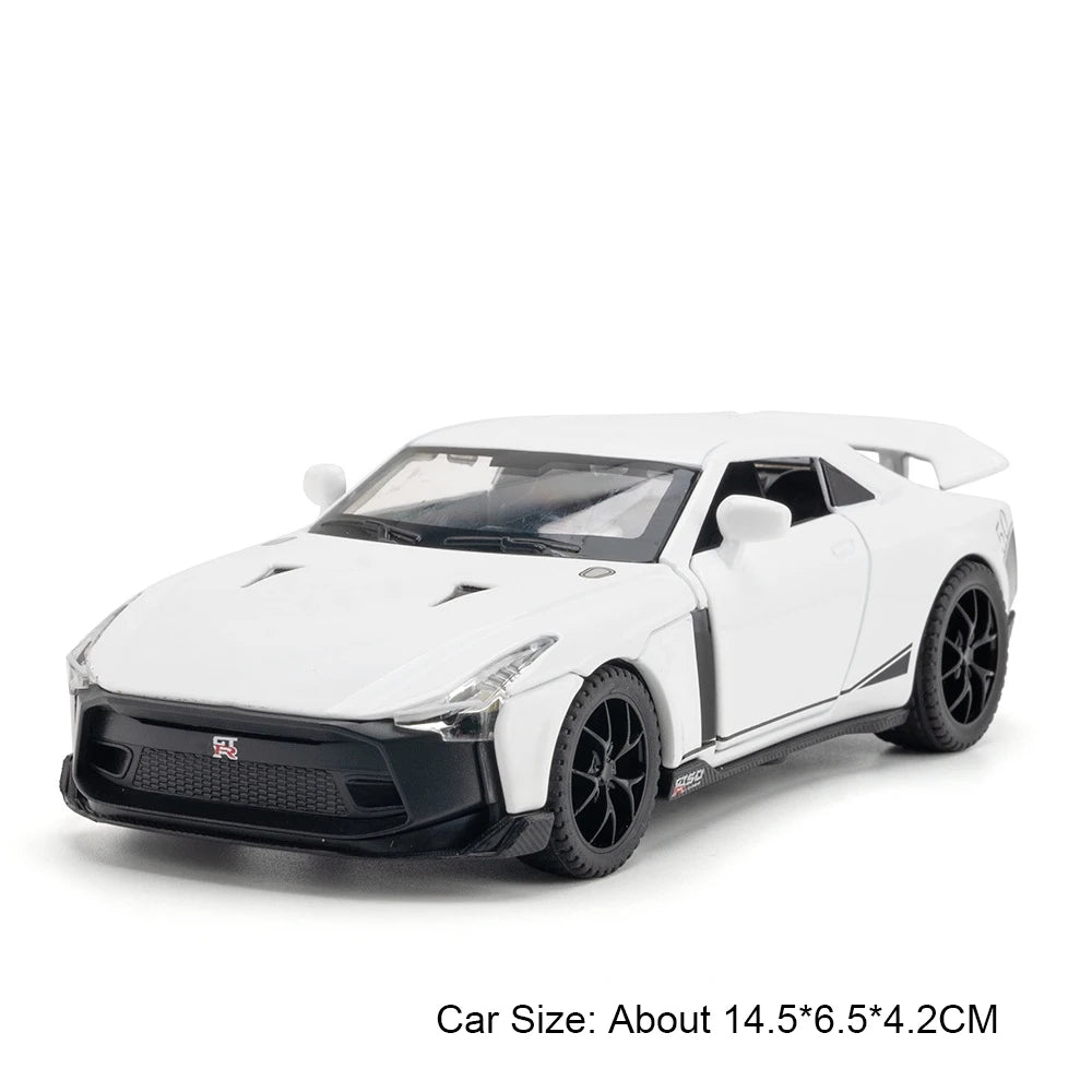 1:32 Scale GTR R50 Miniature Sports Car Alloy Diecast Model Toys Doors Opened with Sound Light Pull Back Vehices Children's Gift