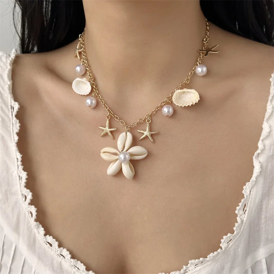 Summer Ocean Style Shell Flower Pendant Necklace for Women Vintage Gold Color Clavicle Chain Choker Beach Vacation Jewelry Gift