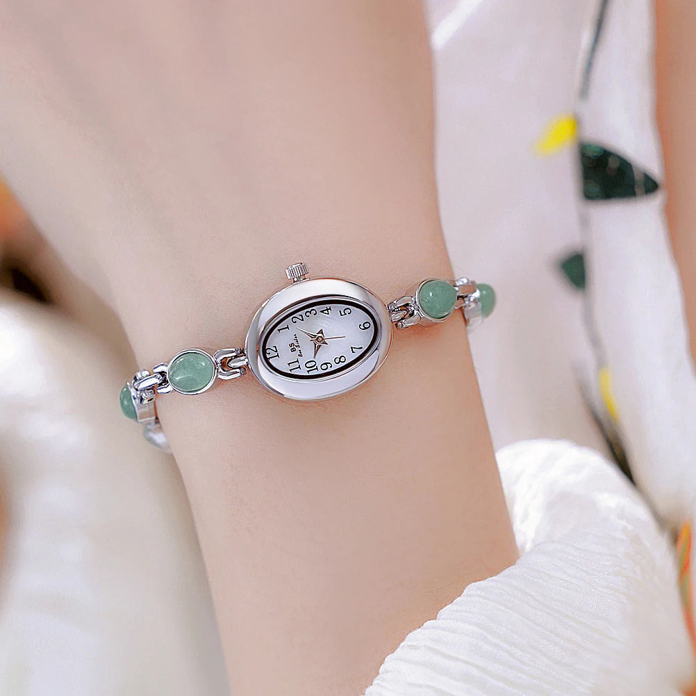 High-end Luxury Woman Watch Natural Jade Gold Bracelet Fashionable Retro Oval Quartz Ladies Dress Watches Small Dial Gold Silver