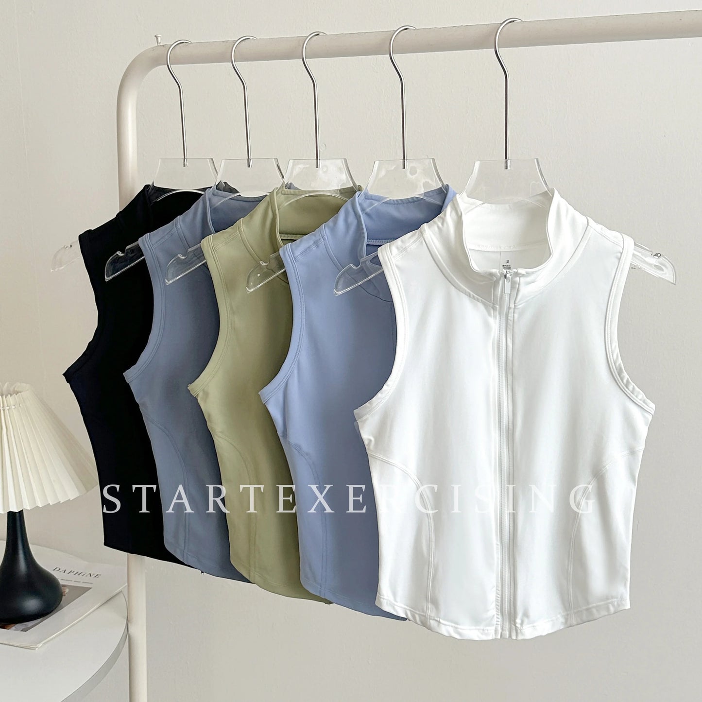 Women Zip Up Sleeveless Tank Tops Stand Collar Slim Sports Vest Solid Color Workout Running Yoga Crop Tops