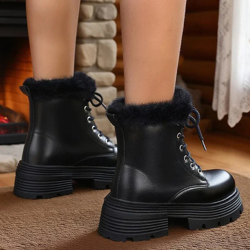 Plus Size 42 Chunky Platform Women's Winter Boots Lace Up Warm Thicken Plush Ankle Boots for Women Thick Sole Fur Botas Mujer