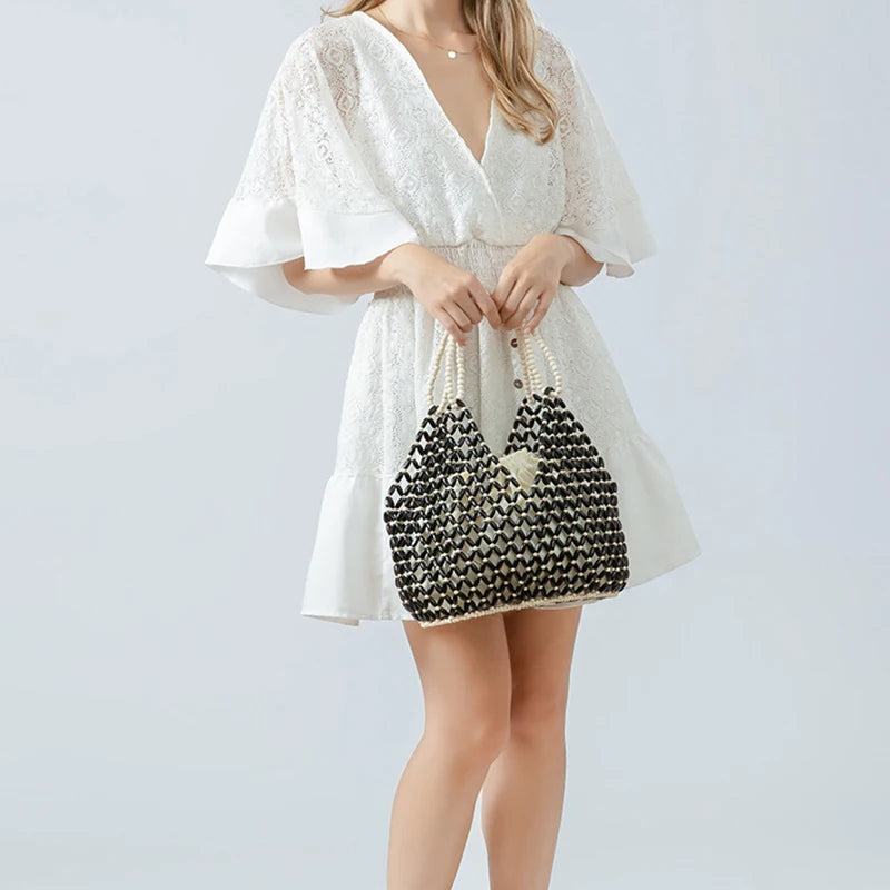 Simple Casual Handwoven Wooden Bead Handheld Women's Shoulder Bags Bucket Bag