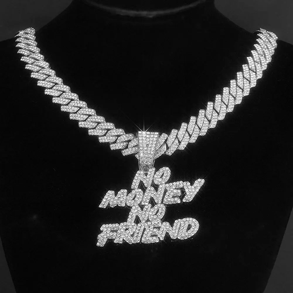 Men Women Hip Hop NO Money No Friend Pendant Necklace with 14mm Cuban Chain HipHop Iced Out Bling Necklaces Fashion Jewelry Gift