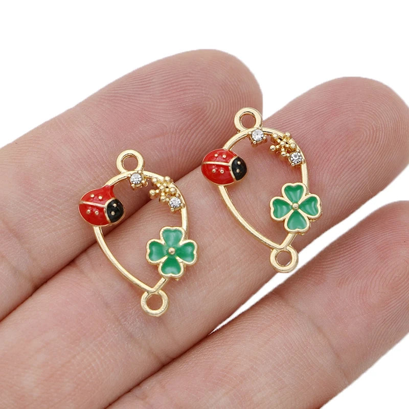 10Pcs Gold Plated Enamel Clover Ladybug Teardrop Charm Connector for Making Bracelet DIY Jewelry Accessories Handmade 24x16mm