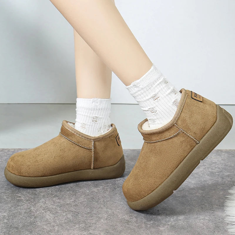 Thick Bottom Faux Suede Snow Boots Women 2025 Slip On Warm Short Plush Ankle Boots Woman Anti Slip Winter Cotton Padded Shoes