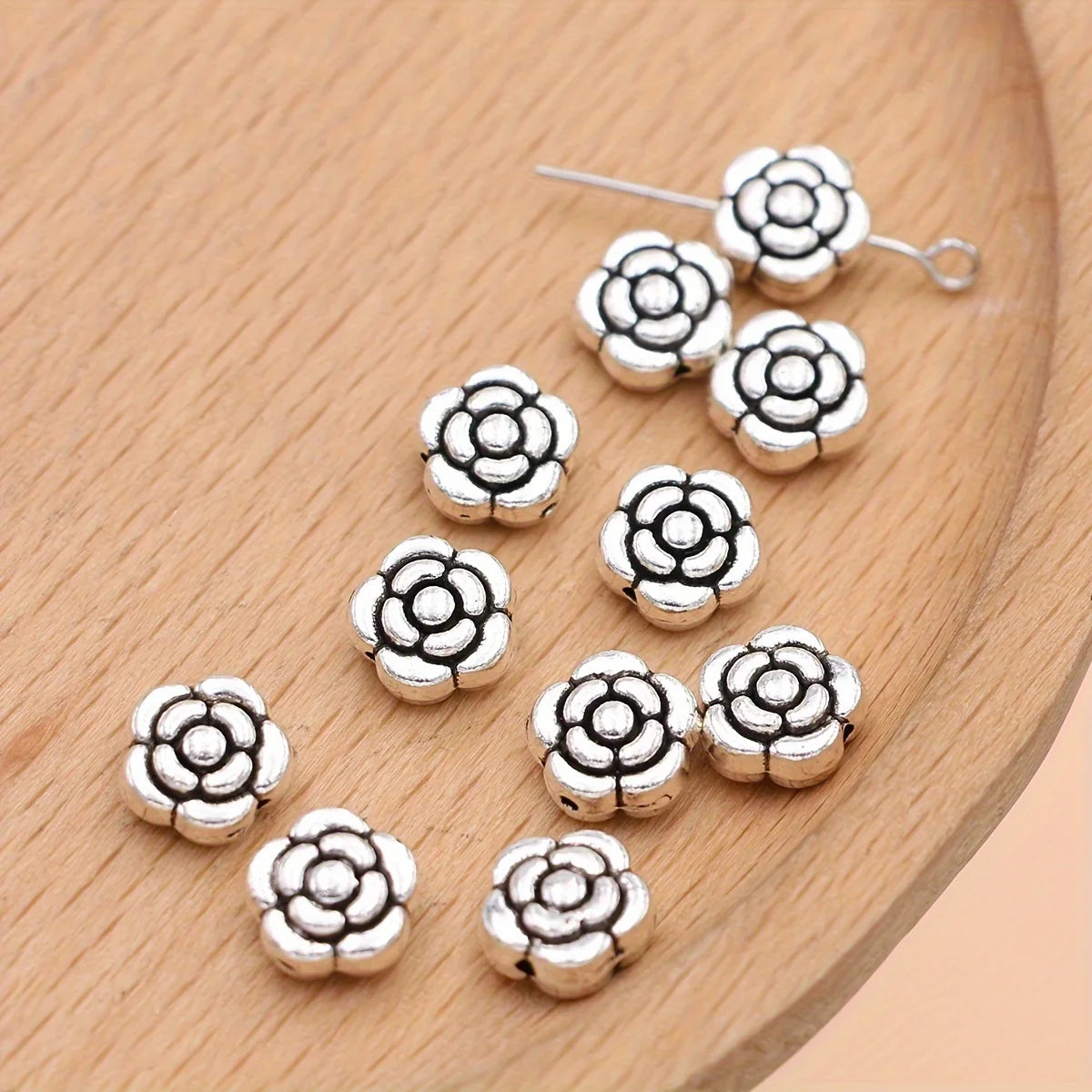 20Pcs Antique Silver Plated Rose Flower Loose Spacer Beads for Bracelet Necklace Jewelry Making Accessories DIY