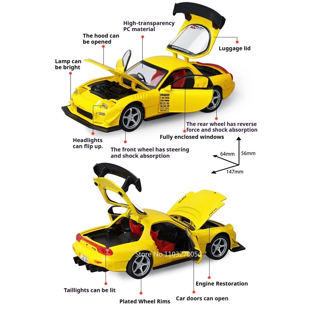 1:32 RX-7 FD3S MX-5 Miniature Model Toys Diecast Alloy Car Front Wheel Steering with Sound Light Pull Back Vehices Children Gift