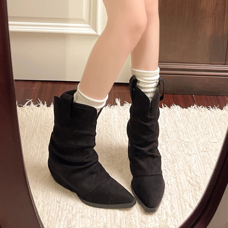 Autumn Winter Faux Suede Mid Calf Boots Women Plus Size Thick Heels Western Boots Woman Slip On Pointed Toe Riding Botas Mujer