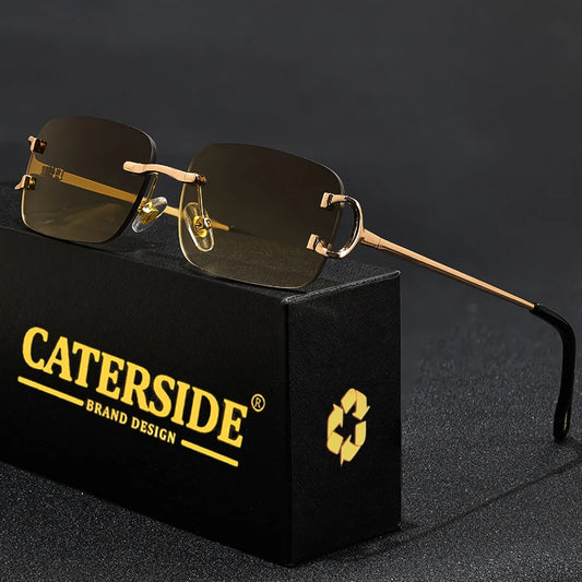 CATERSIDE Rectangular Sunglasses Men Rimless White Copper Small Square Sun Glasses For Women Gradient Lens Outdoor Eyewear UV400