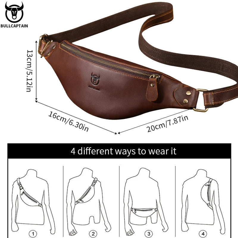 BULLCAPTAIN Men's Crazy Horse Leather Belt Bag Classic Retro Crossbody Bag Outdoor Storage Mountaineering Mobile Phone Bag