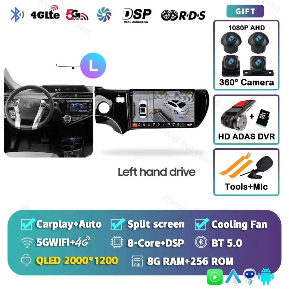 Android 15 CarPlay Auto For Toyota Aqua LHD RHD 2011 - 2017 Car Radio Multimedia navigation video DVD Autoradio Stereo 2din 4G